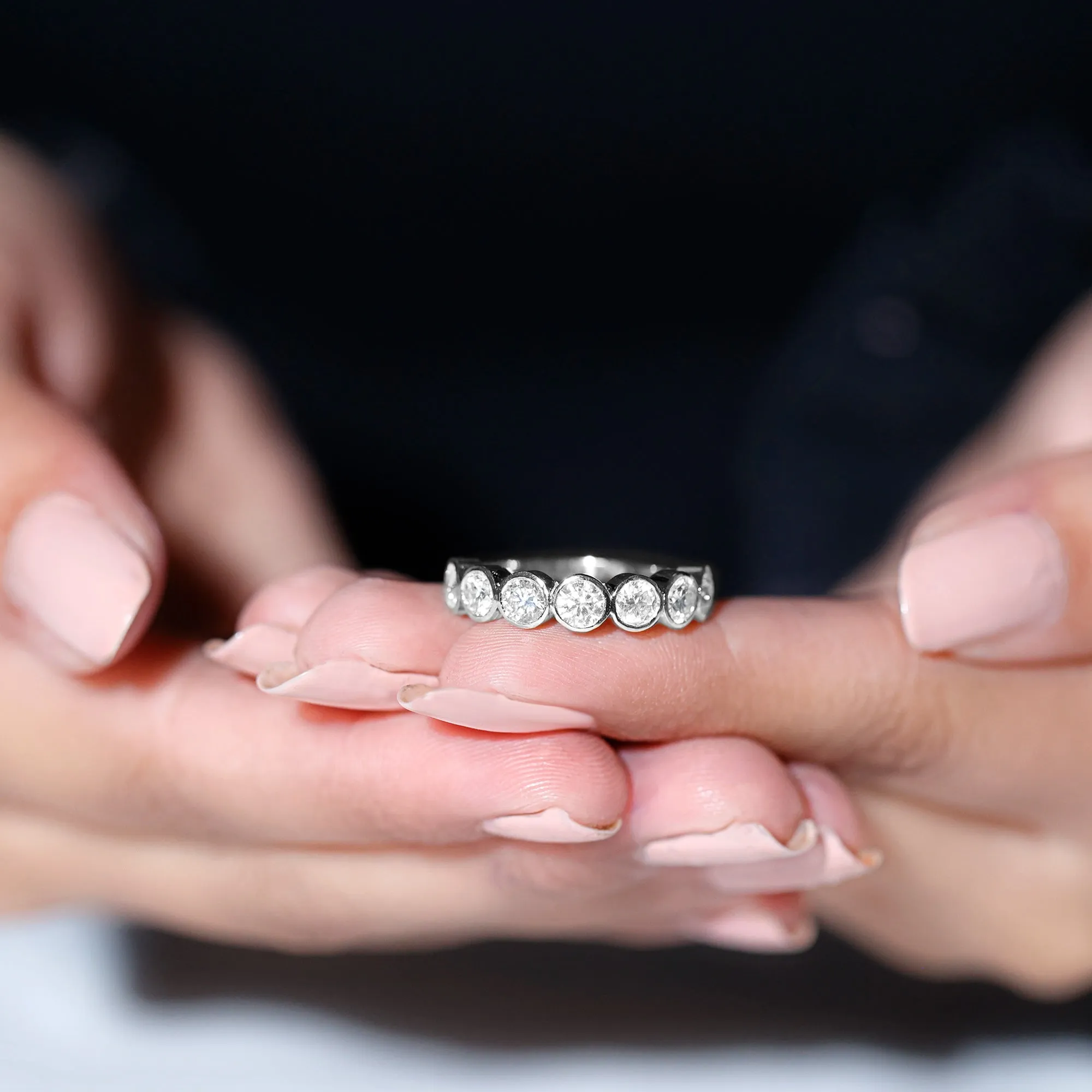 Round Moissanite Half Eternity Ring in Bezel Setting