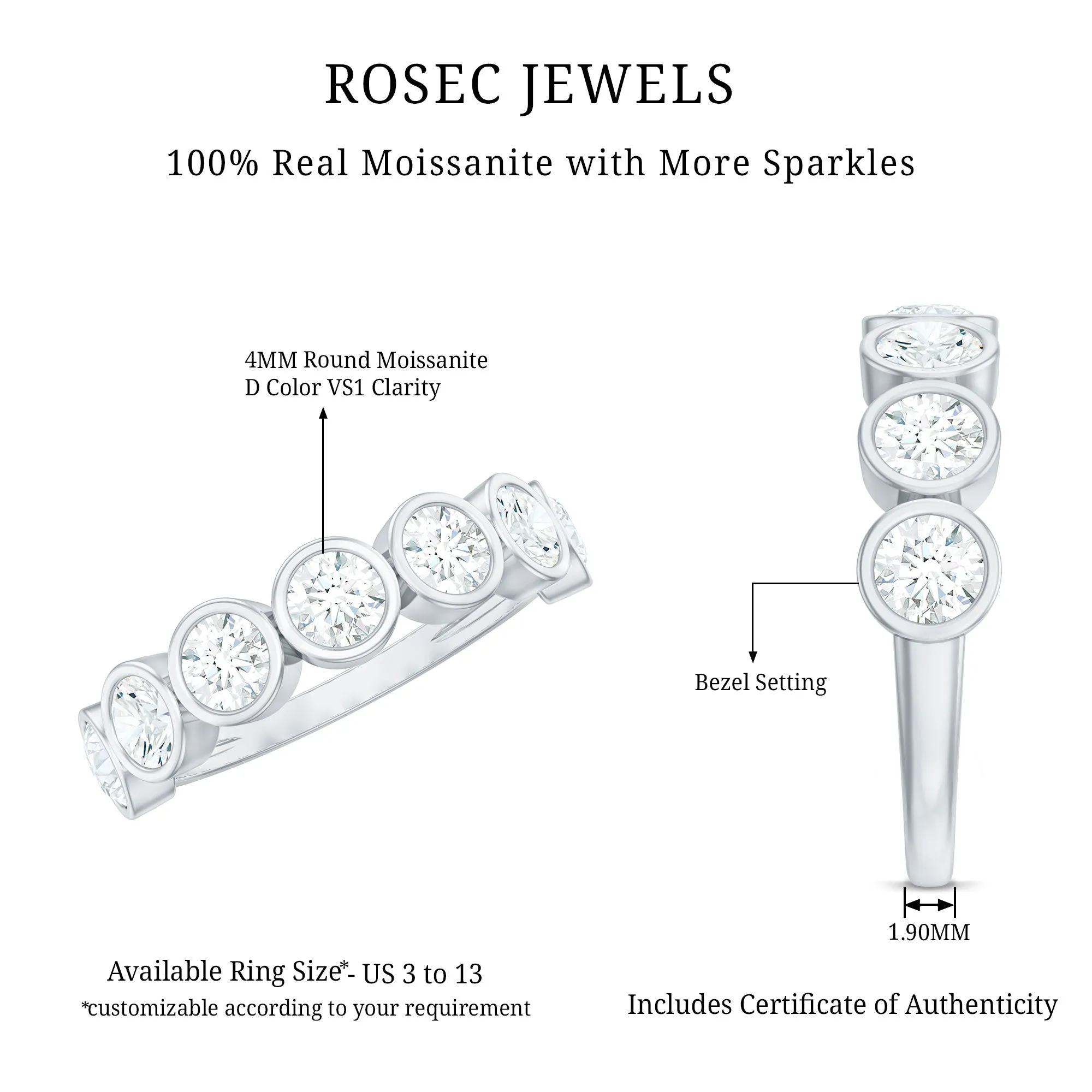 Round Moissanite Half Eternity Ring in Bezel Setting