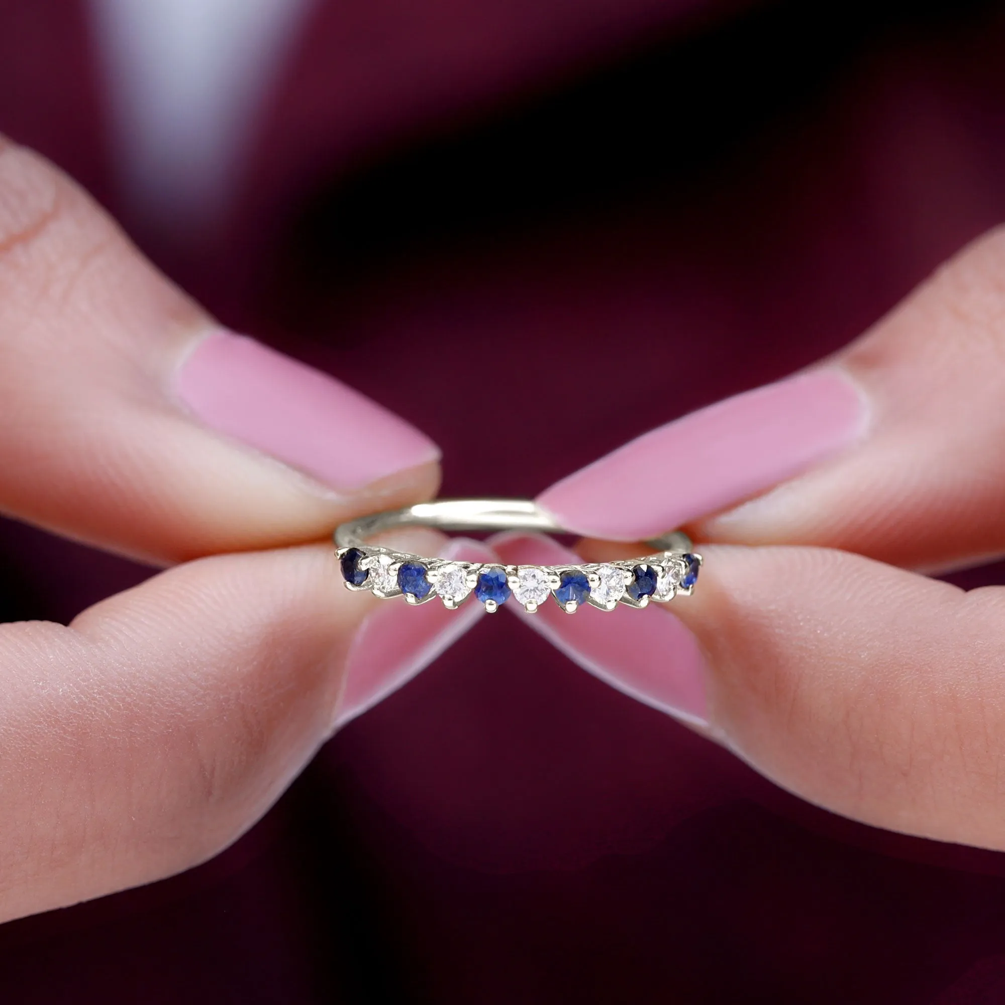 Round Shape Blue Sapphire and Moissanite Stackable Ring