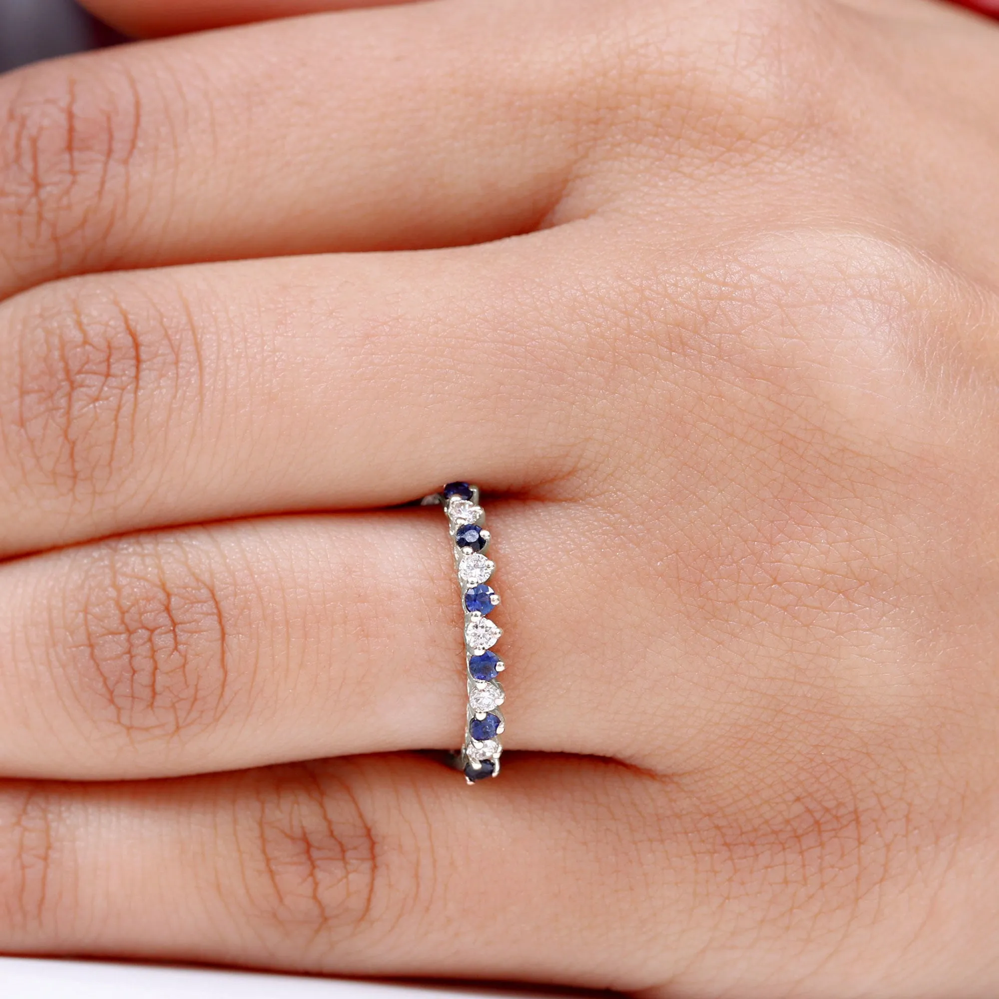 Round Shape Blue Sapphire and Moissanite Stackable Ring