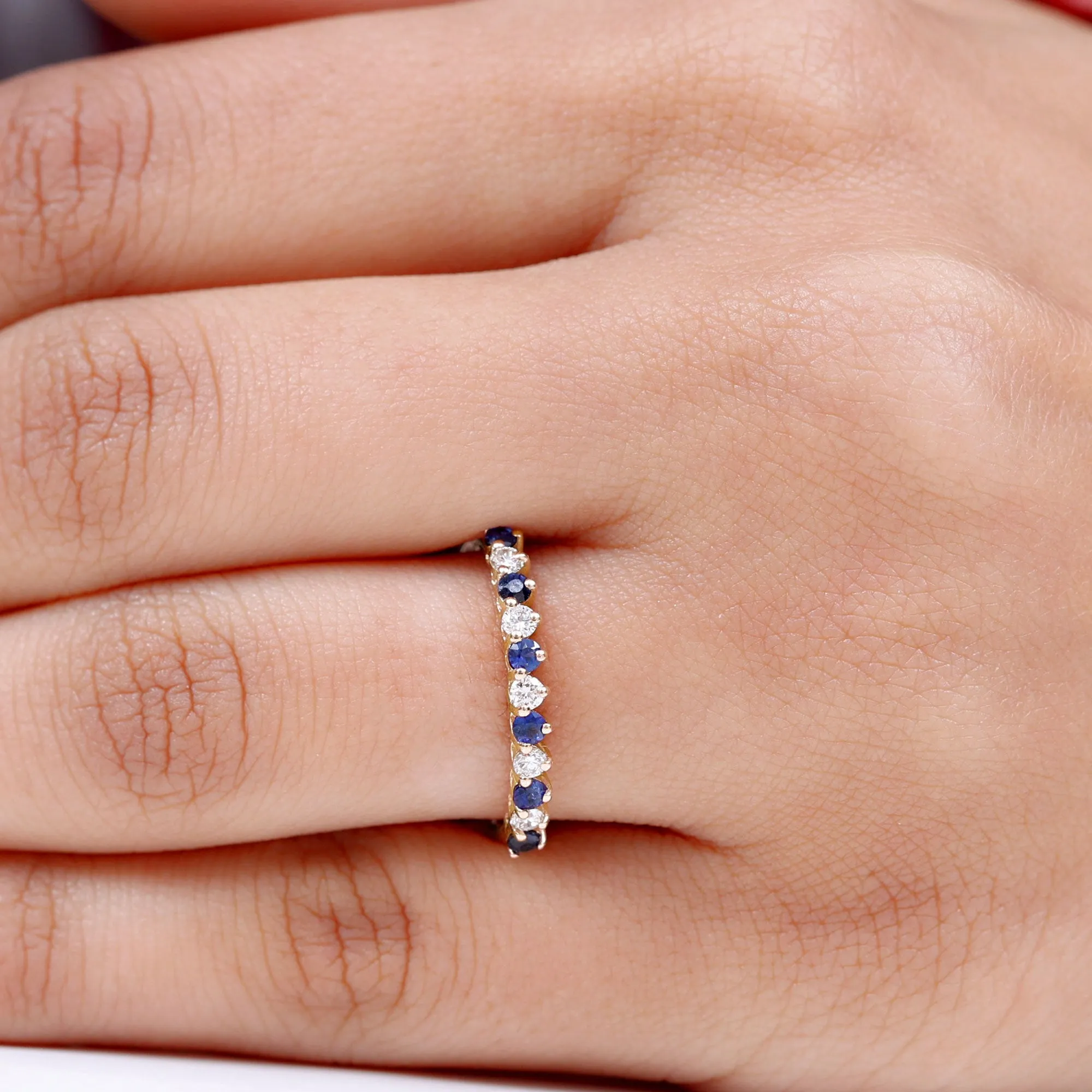 Round Shape Blue Sapphire and Moissanite Stackable Ring