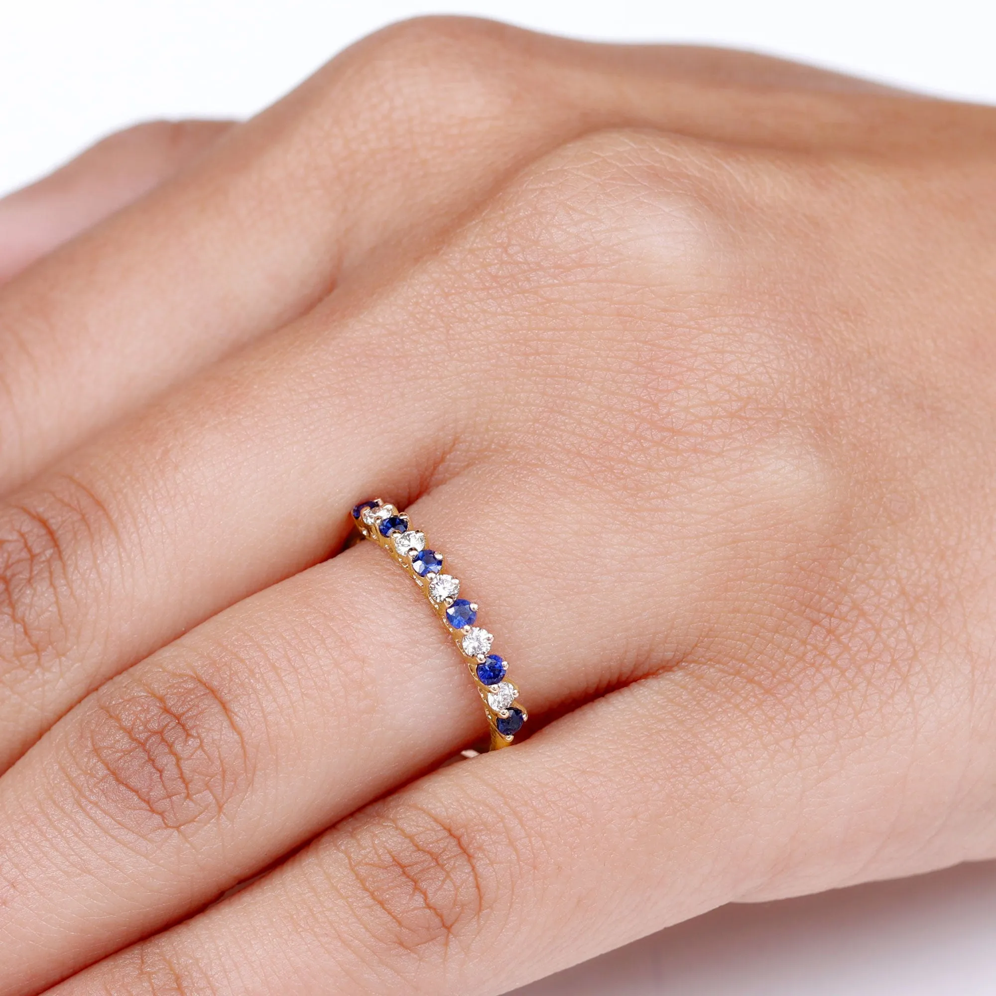 Round Shape Blue Sapphire and Moissanite Stackable Ring