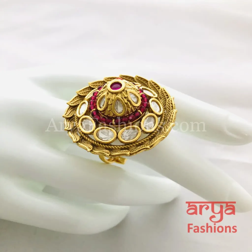 Ruby Kundan Meenakari Jadau Golden Ring