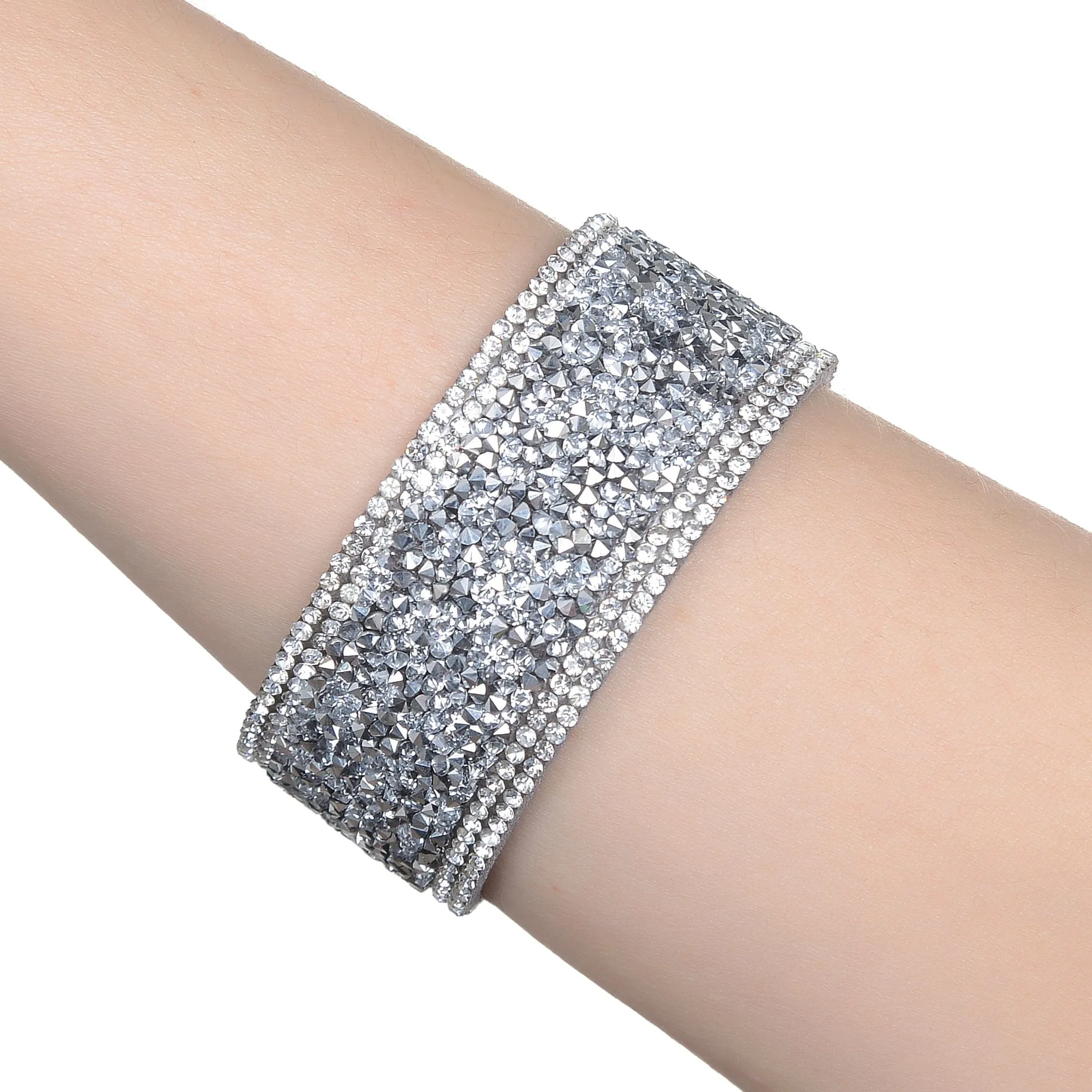 Short Swarovski Crystal Leather Band Bracelet Silver with Toggle Lock