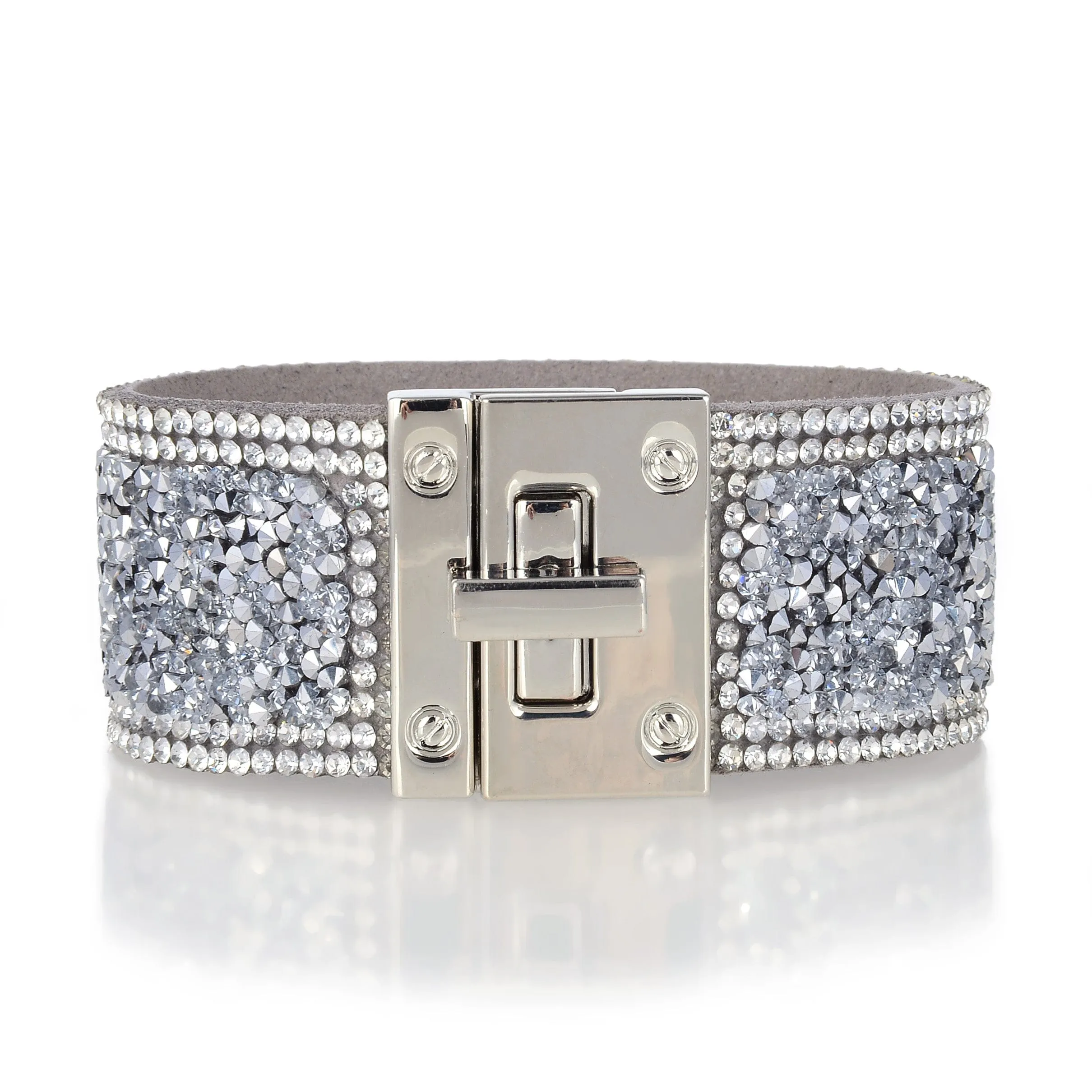 Short Swarovski Crystal Leather Band Bracelet Silver with Toggle Lock