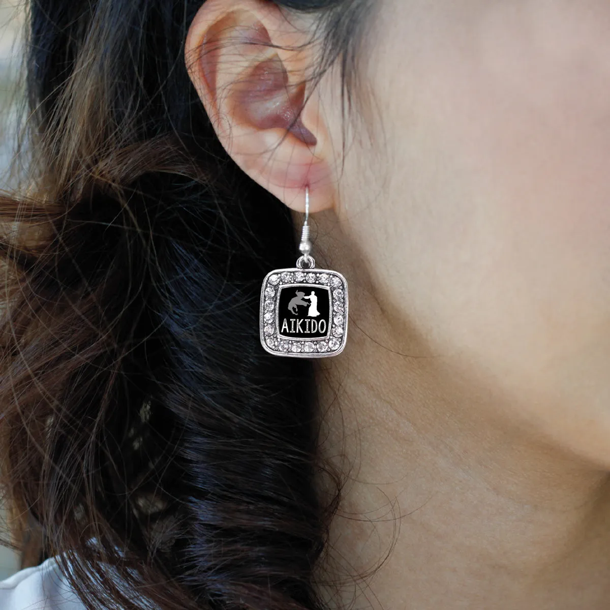 Silver Aikido Square Charm Dangle Earrings