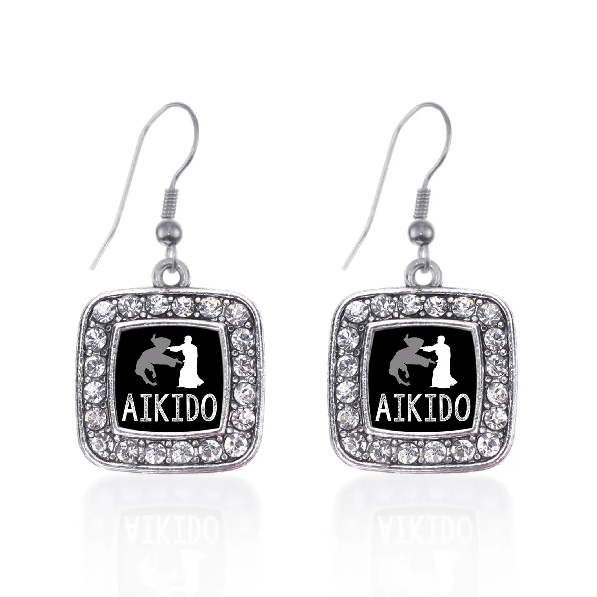 Silver Aikido Square Charm Dangle Earrings