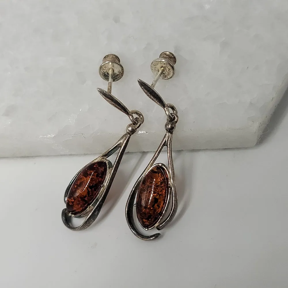 Silver Amber Drop Earrings