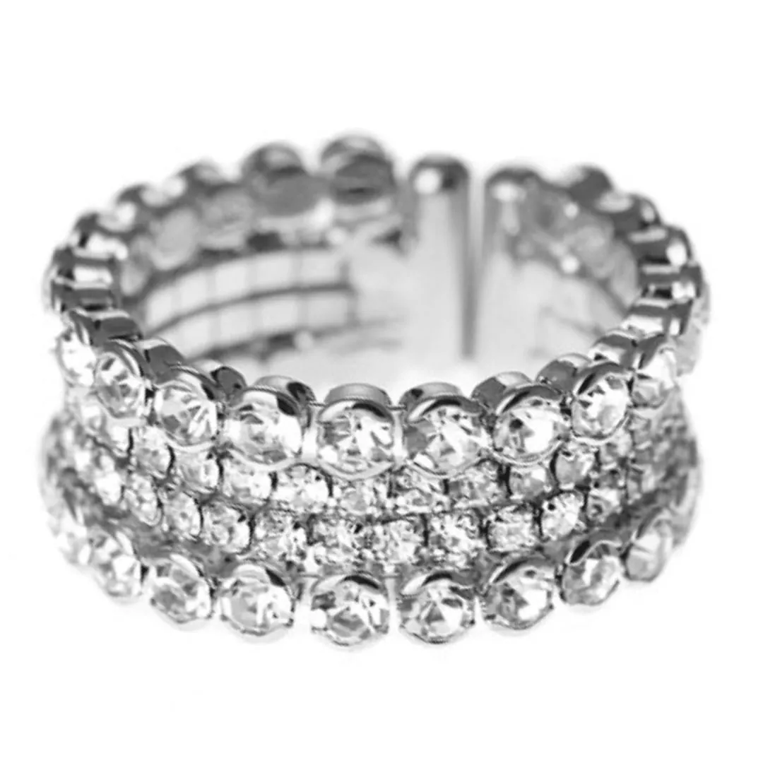 Silver Cuff Stretch Ring With Clear Rhinestones