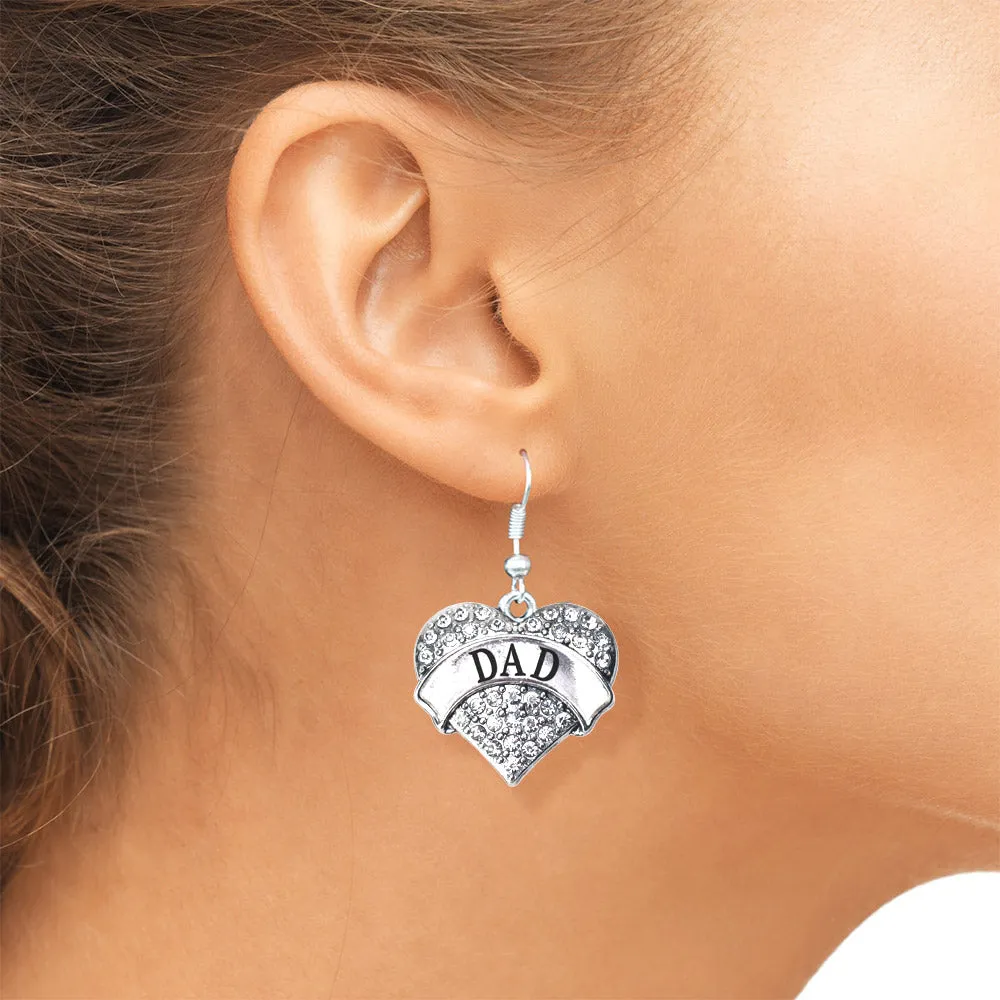 Silver Dad Pave Heart Charm Dangle Earrings