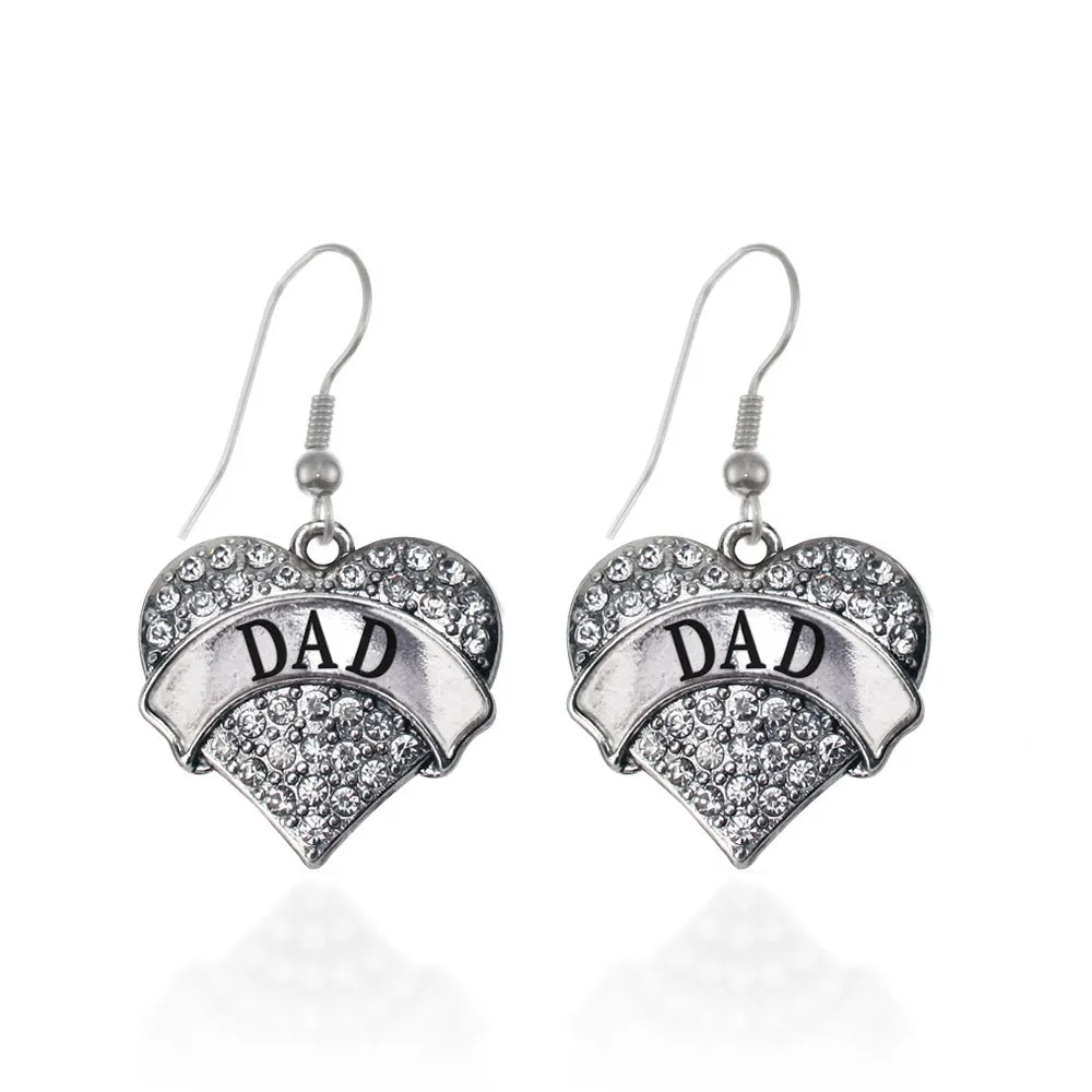 Silver Dad Pave Heart Charm Dangle Earrings