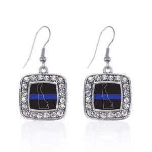 Silver Delaware Thin Blue Line Square Charm Dangle Earrings