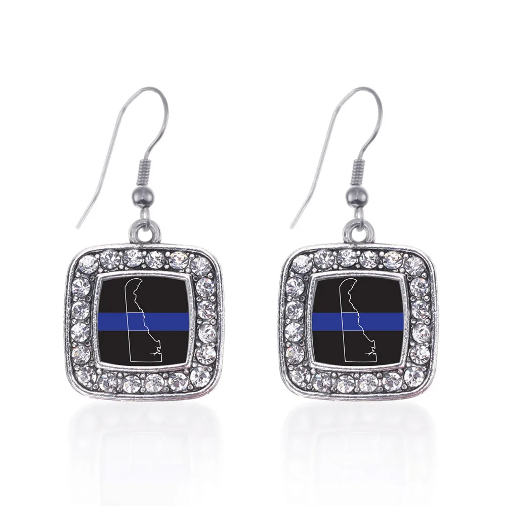 Silver Delaware Thin Blue Line Square Charm Dangle Earrings