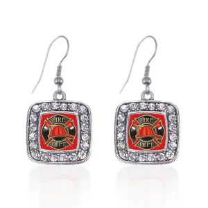 Silver Fire Department Badge Square Charm Dangle Earrings