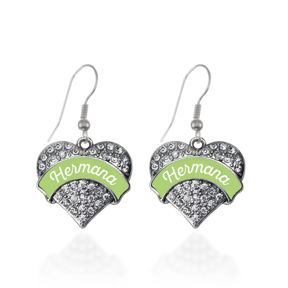 Silver Hermana - Sage Green Pave Heart Charm Dangle Earrings