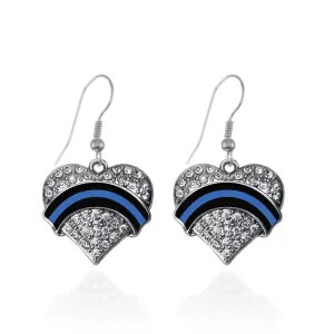 Silver Law Enforcement Support Pave Heart Charm Dangle Earrings