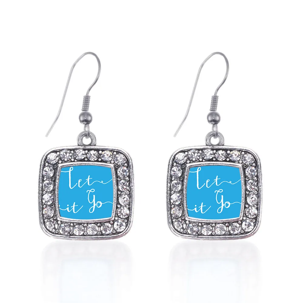 Silver Let It Go Square Charm Dangle Earrings