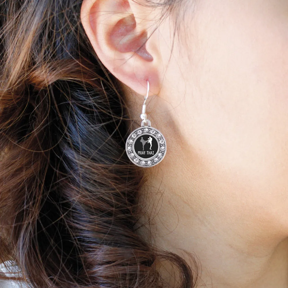 Silver Muay Thai Circle Charm Dangle Earrings