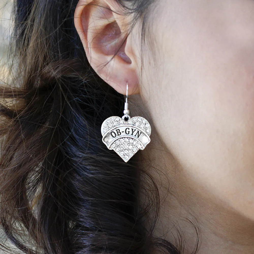 Silver Ob- Gyn Pave Heart Charm Dangle Earrings