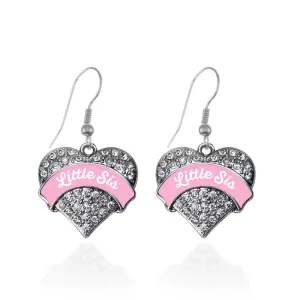 Silver Pink Little Sister Pave Heart Charm Dangle Earrings