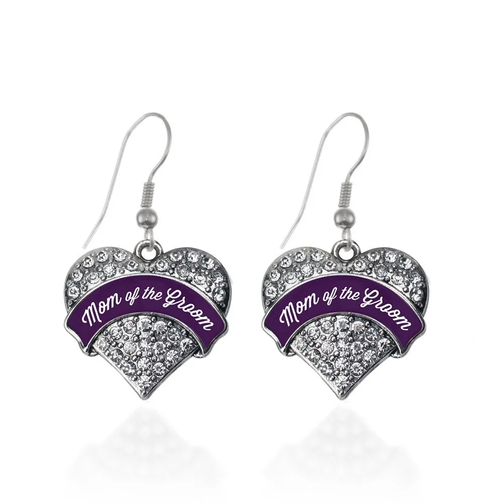 Silver Plum Mom of Groom Pave Heart Charm Dangle Earrings