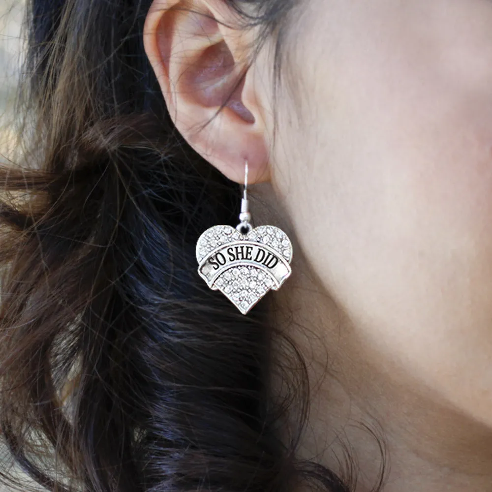 Silver So She Did Pave Heart Charm Dangle Earrings