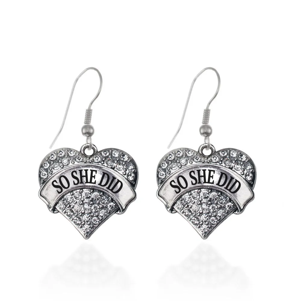 Silver So She Did Pave Heart Charm Dangle Earrings