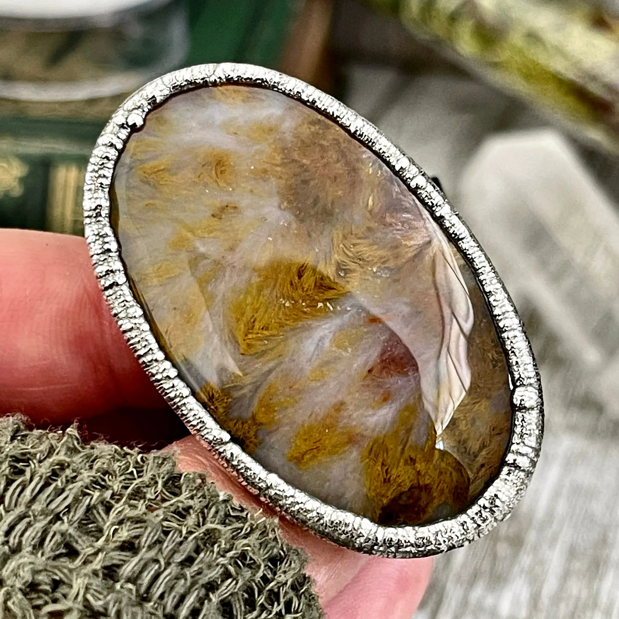 Size 10 Silver Natural Fancy Moss Agate Crystal Statement Ring / Foxlark Collection - One of a Kind