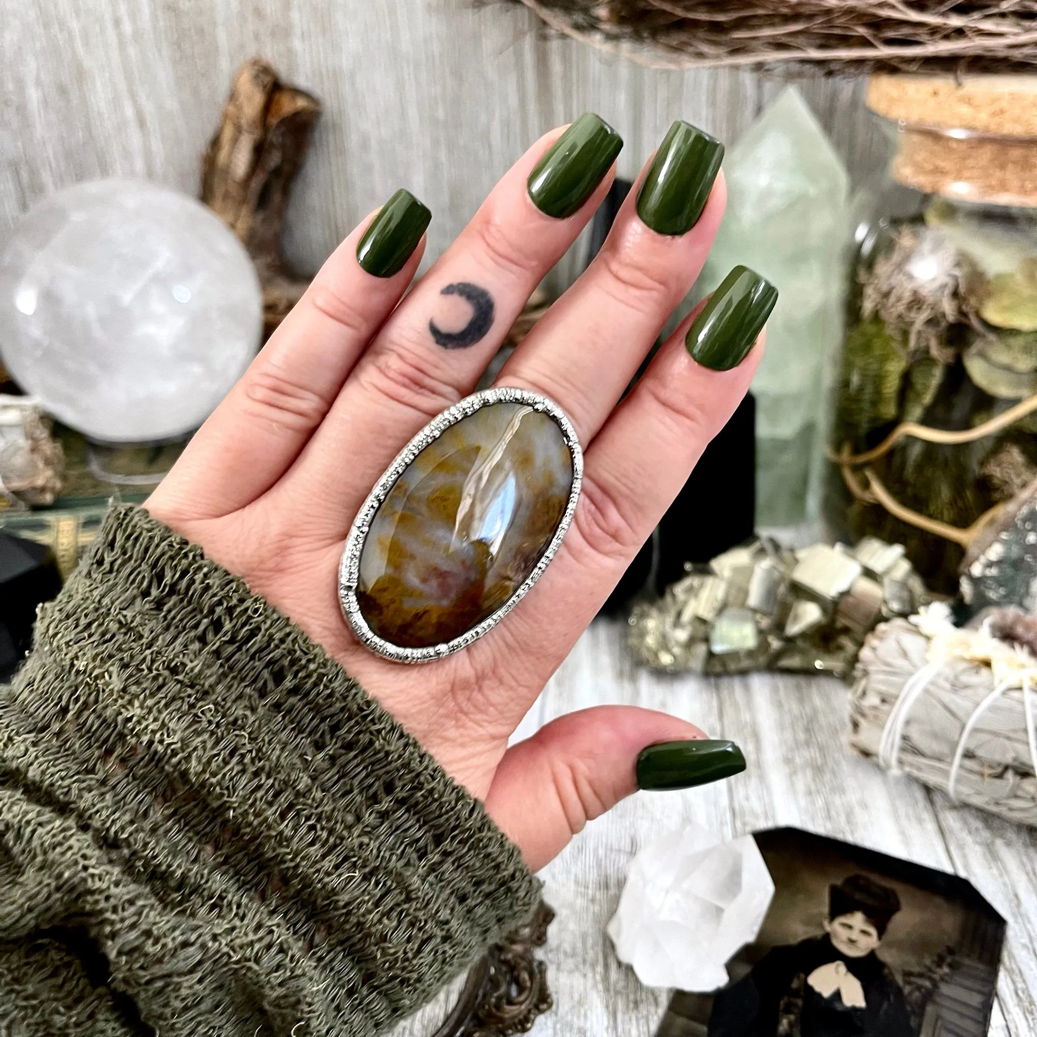 Size 10 Silver Natural Fancy Moss Agate Crystal Statement Ring / Foxlark Collection - One of a Kind