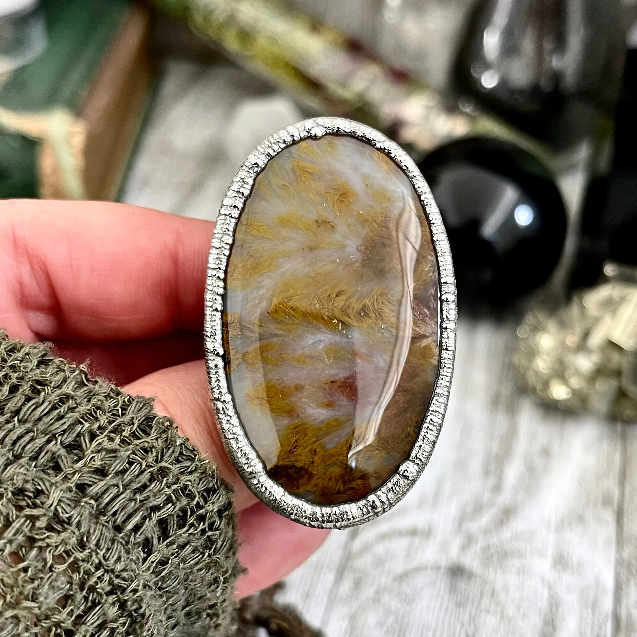 Size 10 Silver Natural Fancy Moss Agate Crystal Statement Ring / Foxlark Collection - One of a Kind