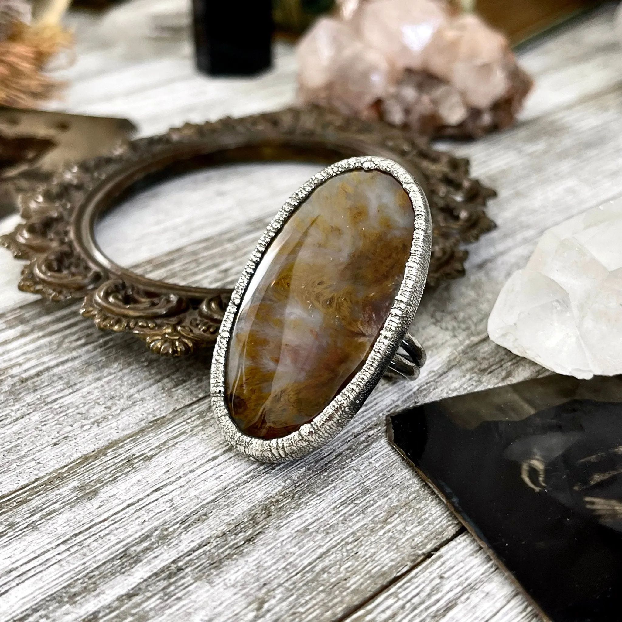 Size 10 Silver Natural Fancy Moss Agate Crystal Statement Ring / Foxlark Collection - One of a Kind