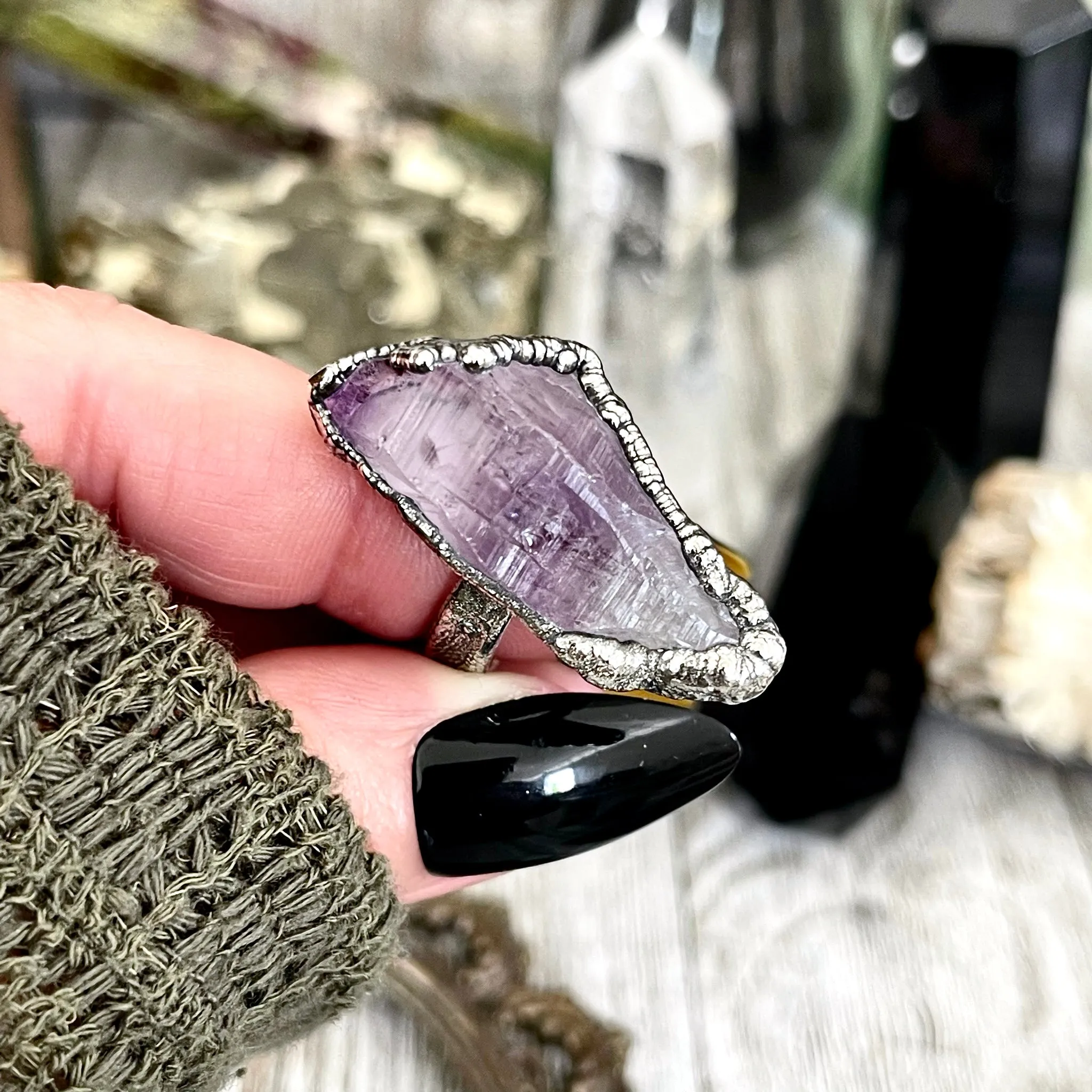 Size 8 Raw Purple Amethyst Crystal Ring Set in Fine Silver  / Foxlark Collection - One of a Kind