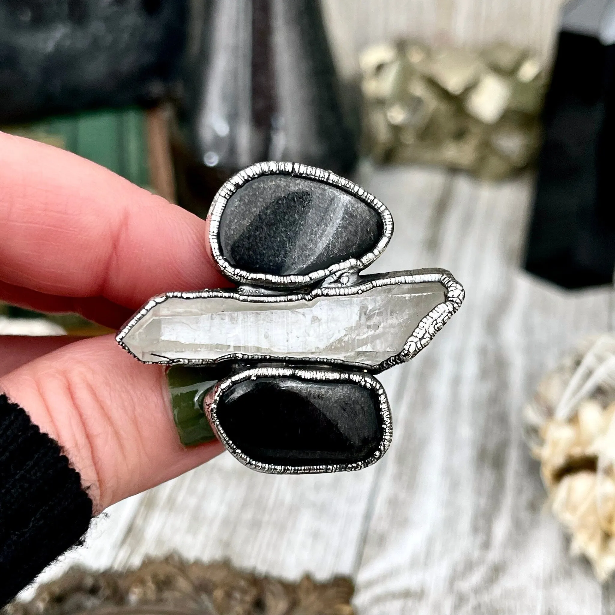 Size 9 Crystal Ring - Three Stone Ring Black Onyx Clear Raw Quartz Ring in Silver / Foxlark Collection - One of a Kind