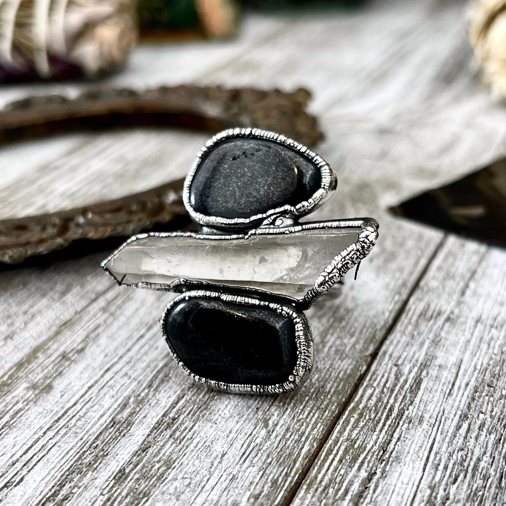 Size 9 Crystal Ring - Three Stone Ring Black Onyx Clear Raw Quartz Ring in Silver / Foxlark Collection - One of a Kind