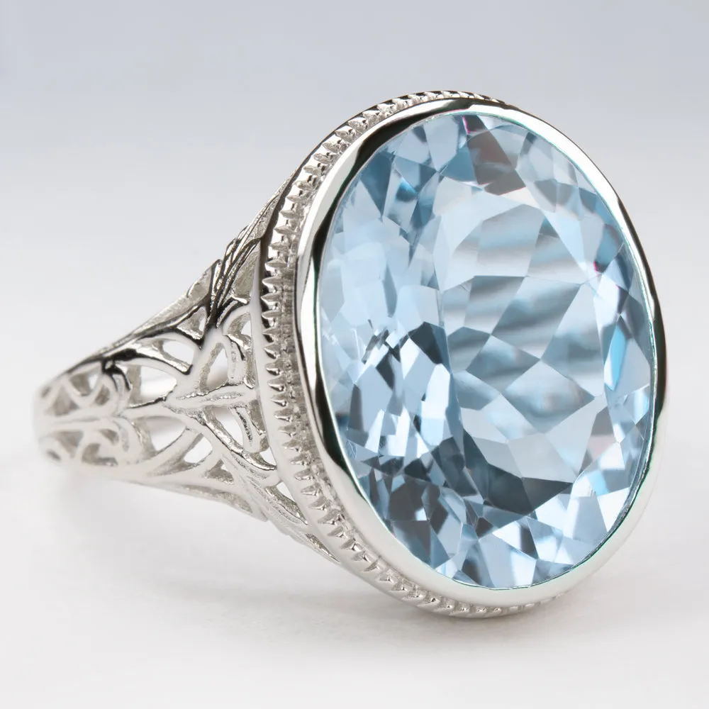 SKY BLUE TOPAZ STERLING SILVER RING VINTAGE STYLE OVAL FILIGREE GEM SOLITAIRE