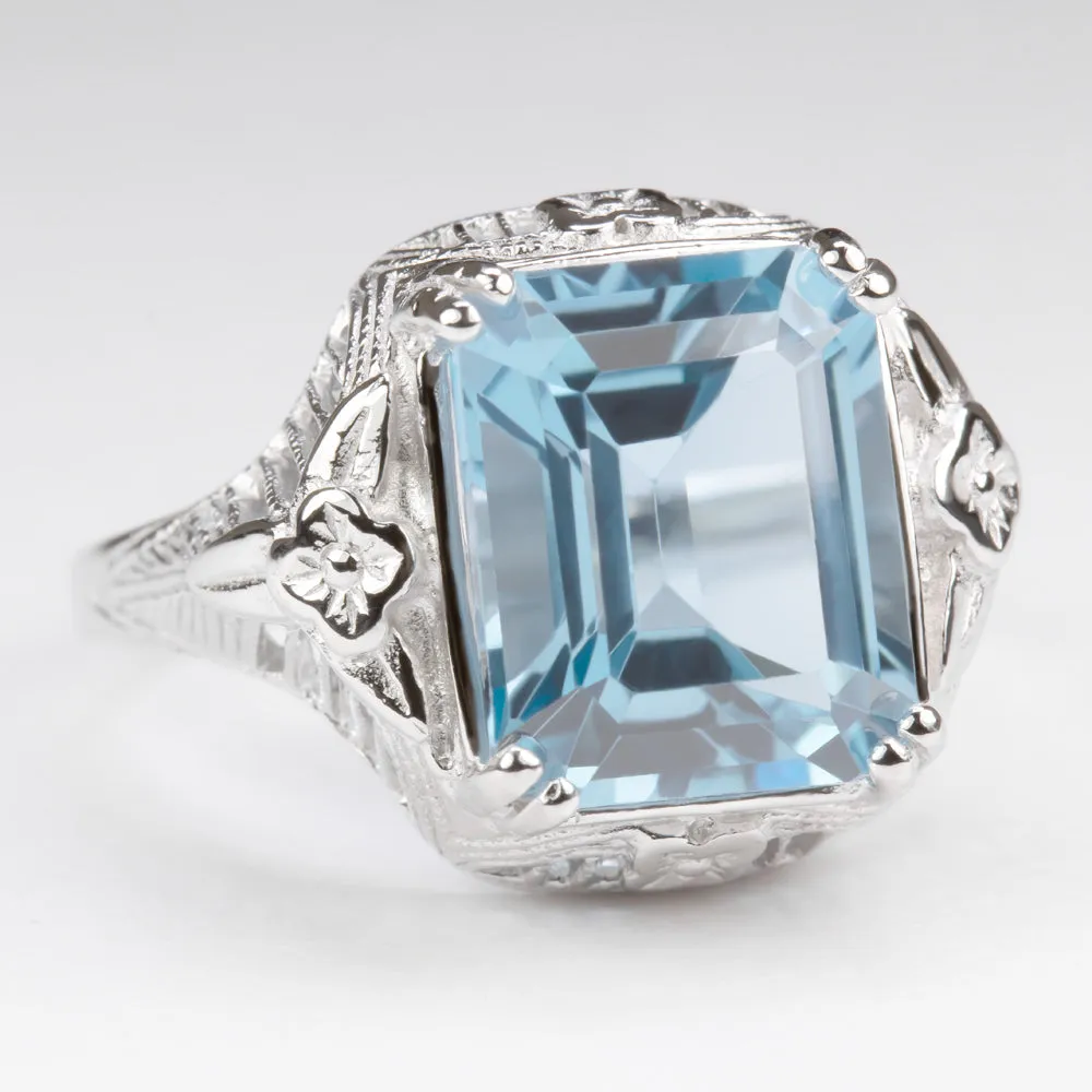 SKY BLUE TOPAZ STERLING SILVER VINTAGE STYLE RING ART DECO EMERALD CUT FILIGREE