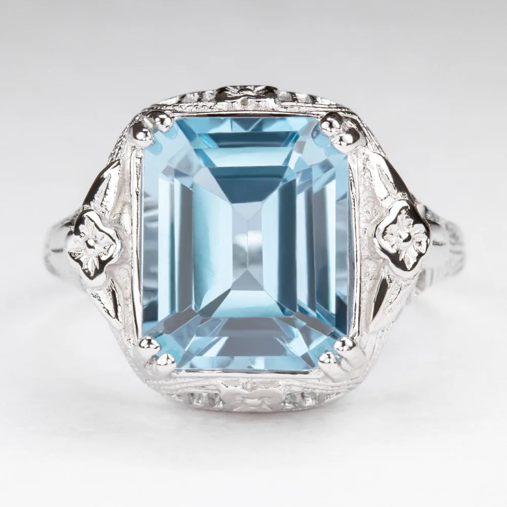 SKY BLUE TOPAZ STERLING SILVER VINTAGE STYLE RING ART DECO EMERALD CUT FILIGREE