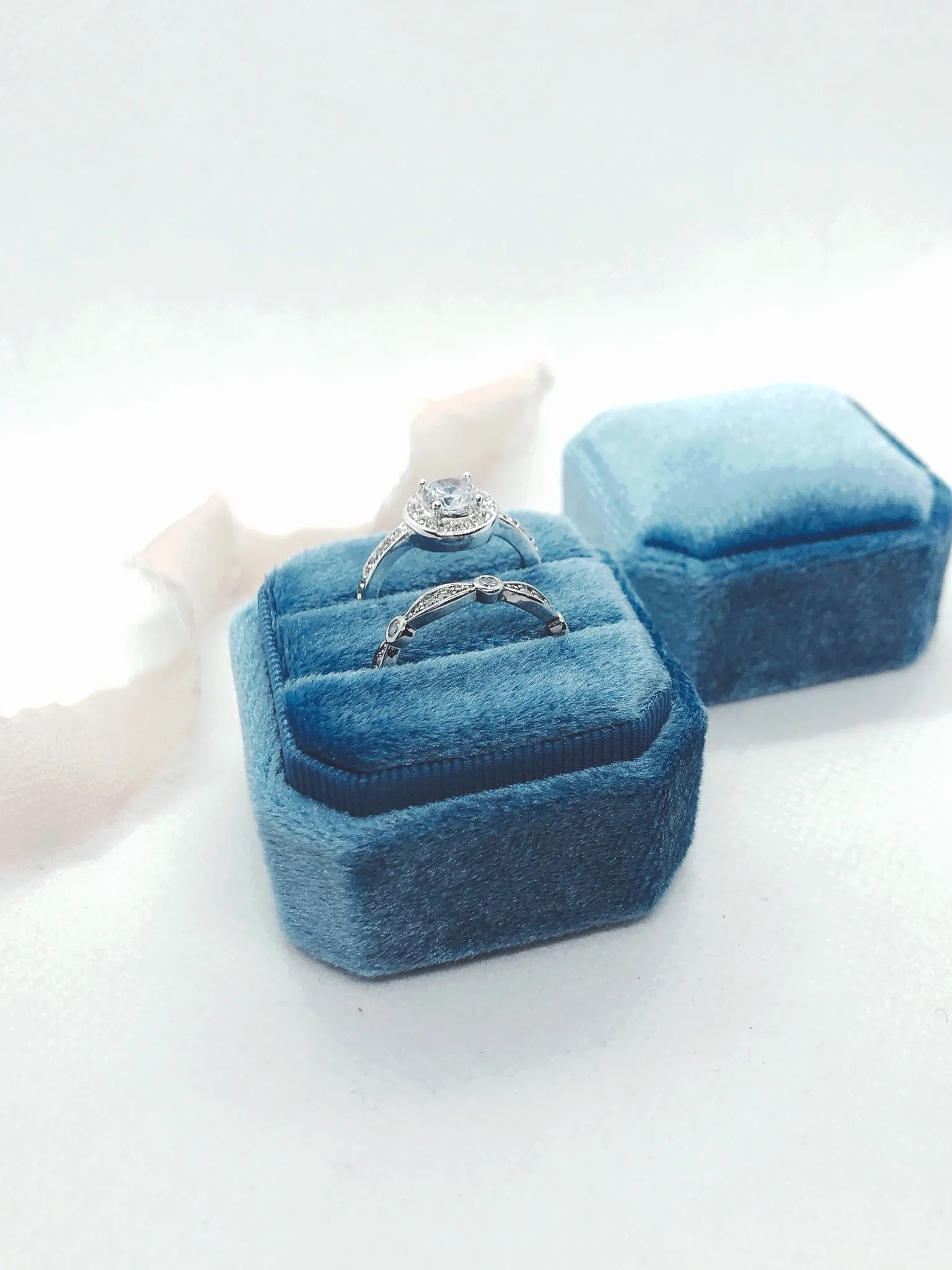 Sky Blue Velvet Square Octagon Ring Box - Clearance