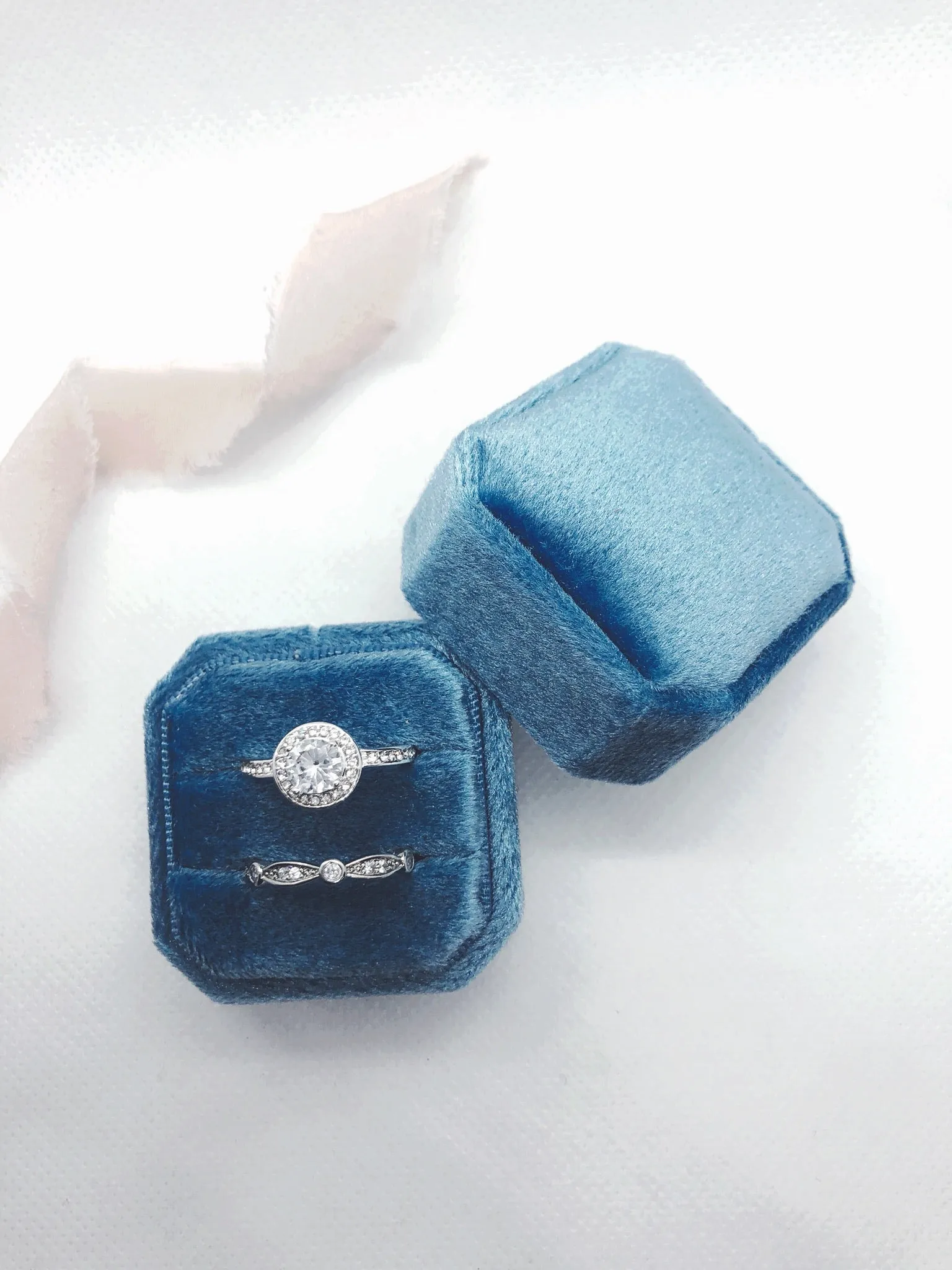 Sky Blue Velvet Square Octagon Ring Box - Clearance