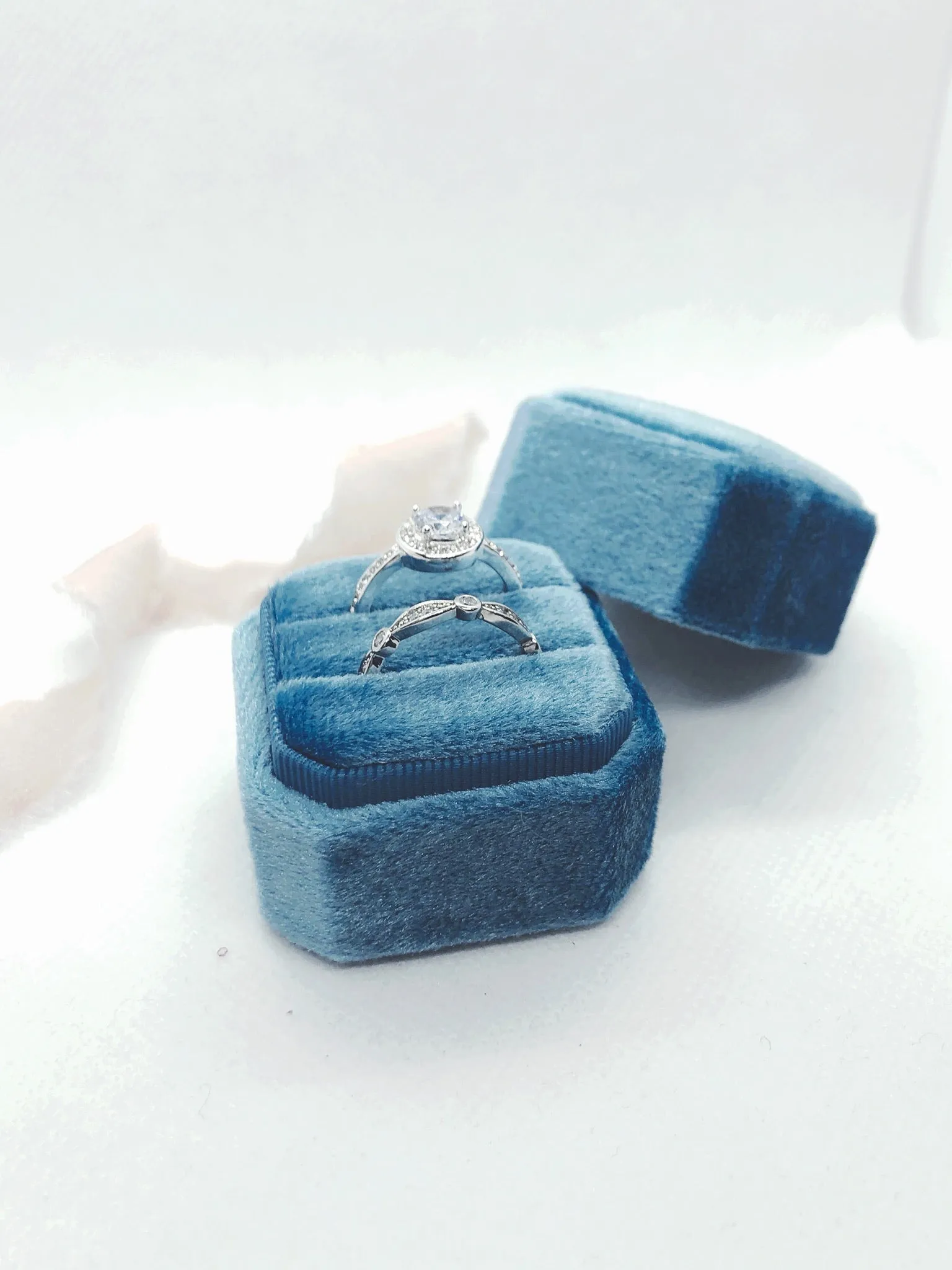 Sky Blue Velvet Square Octagon Ring Box - Clearance