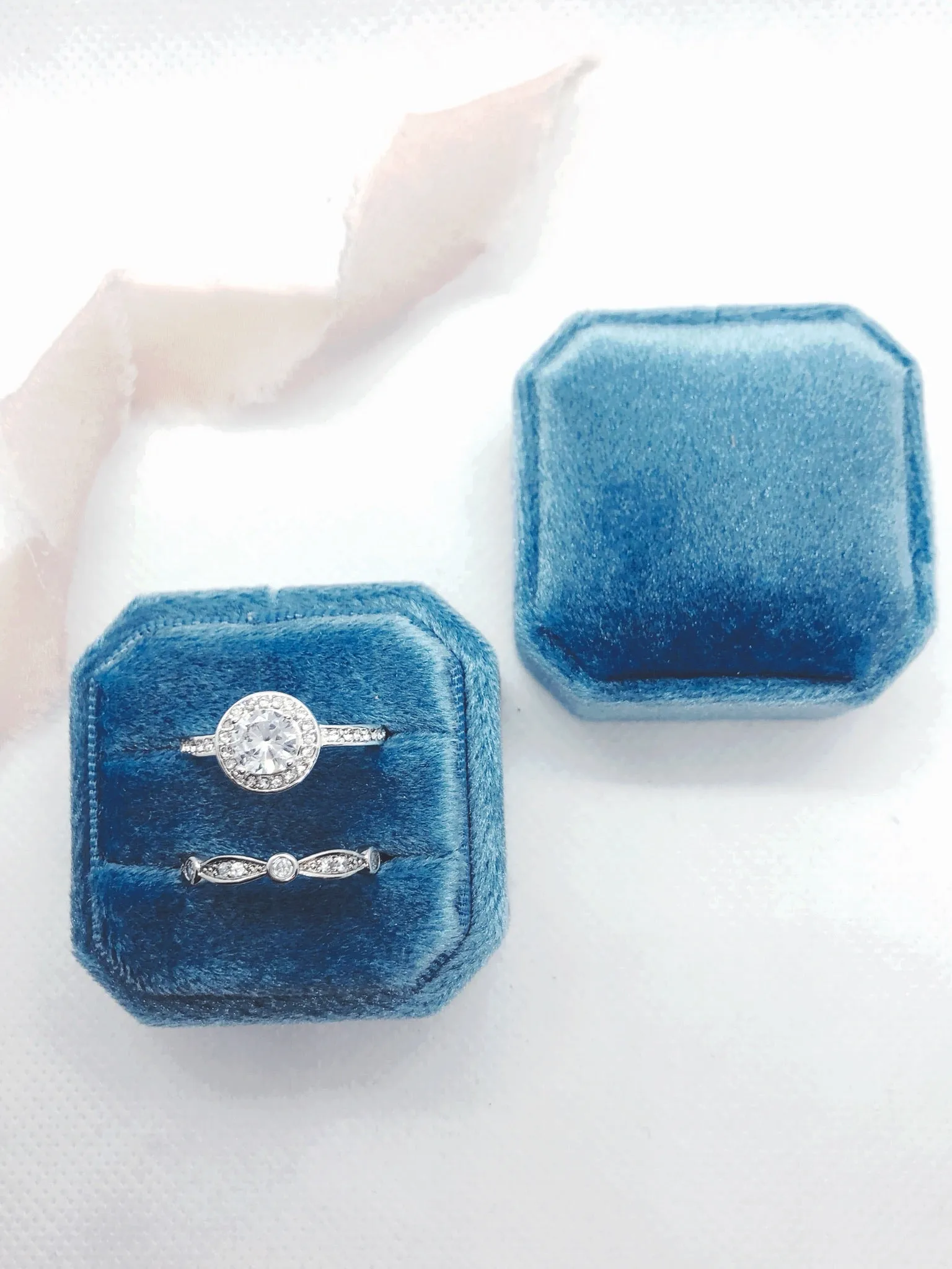 Sky Blue Velvet Square Octagon Ring Box - Clearance