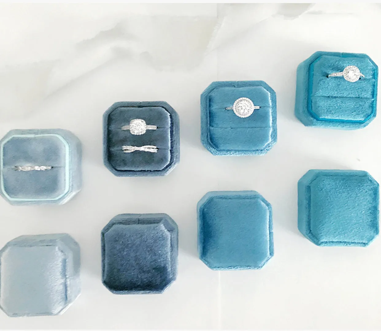 Sky Blue Velvet Square Octagon Ring Box - Clearance