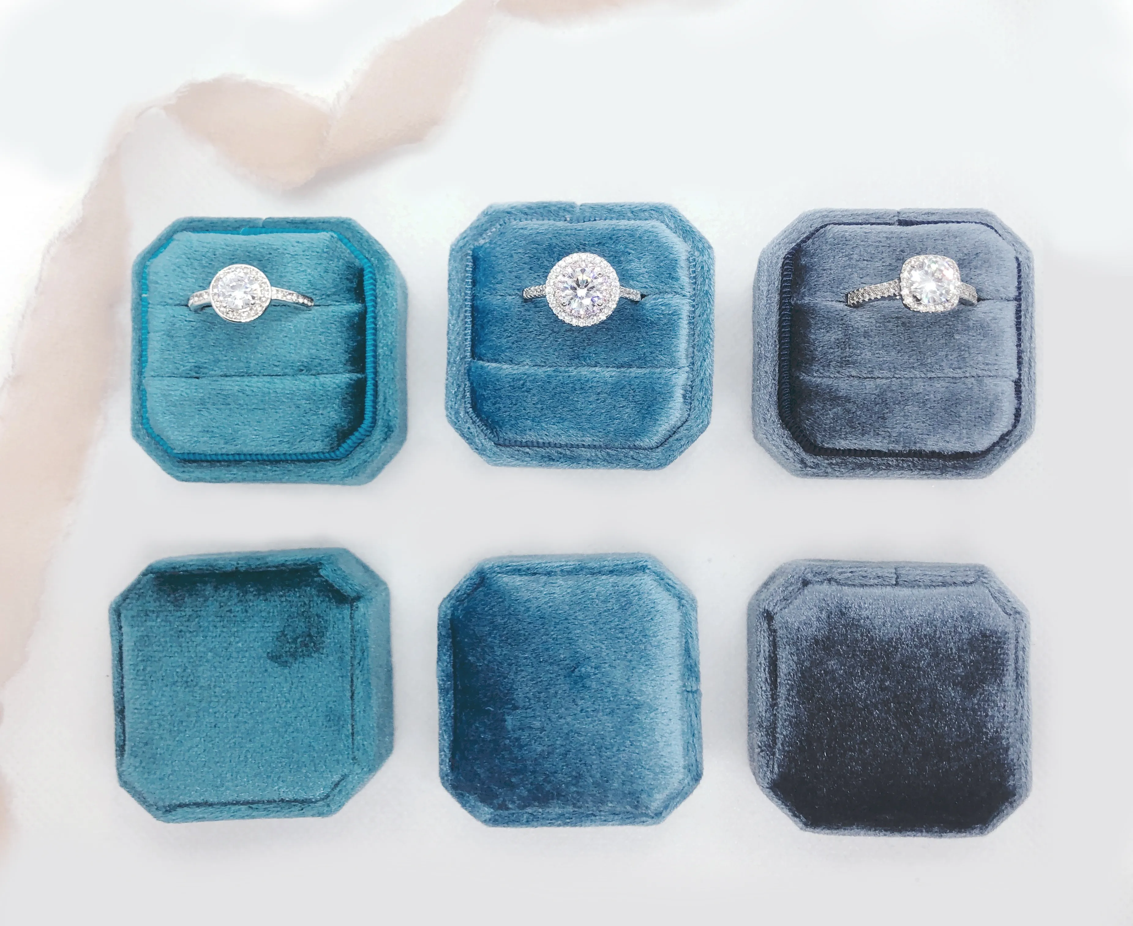 Sky Blue Velvet Square Octagon Ring Box - Clearance