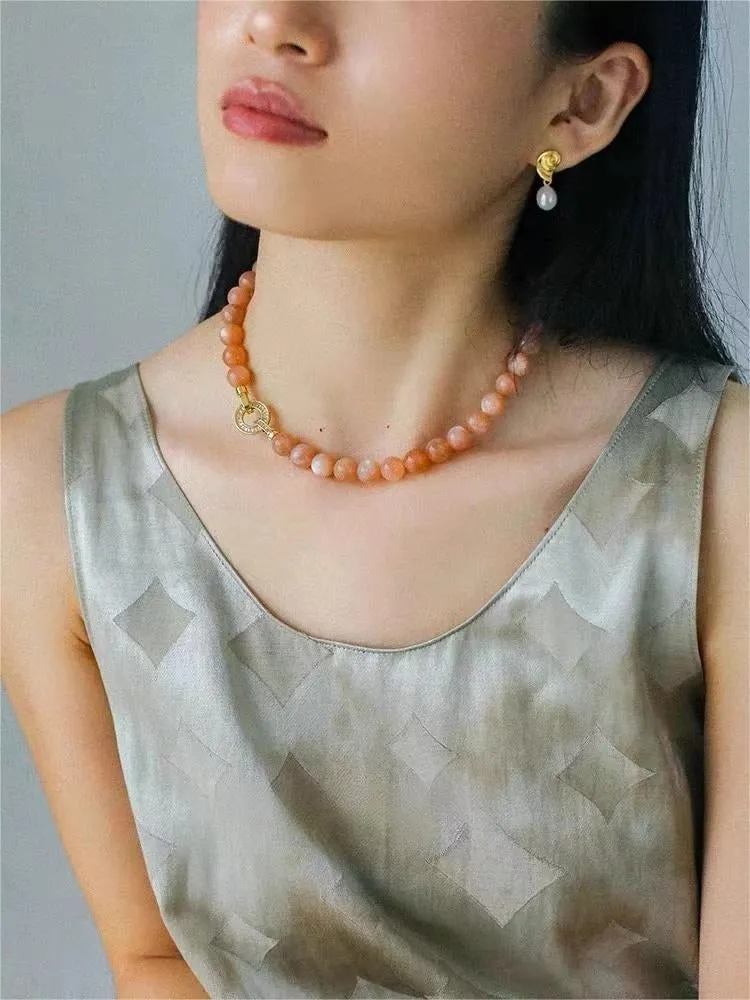 Smooth Round Sunstone Beaded  Choker Necklace