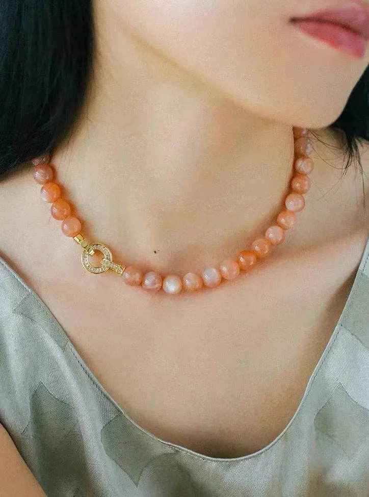 Smooth Round Sunstone Beaded  Choker Necklace