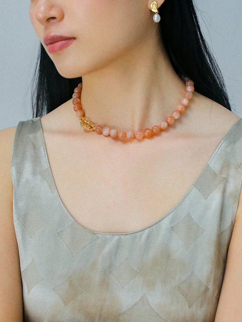 Smooth Round Sunstone Beaded  Choker Necklace