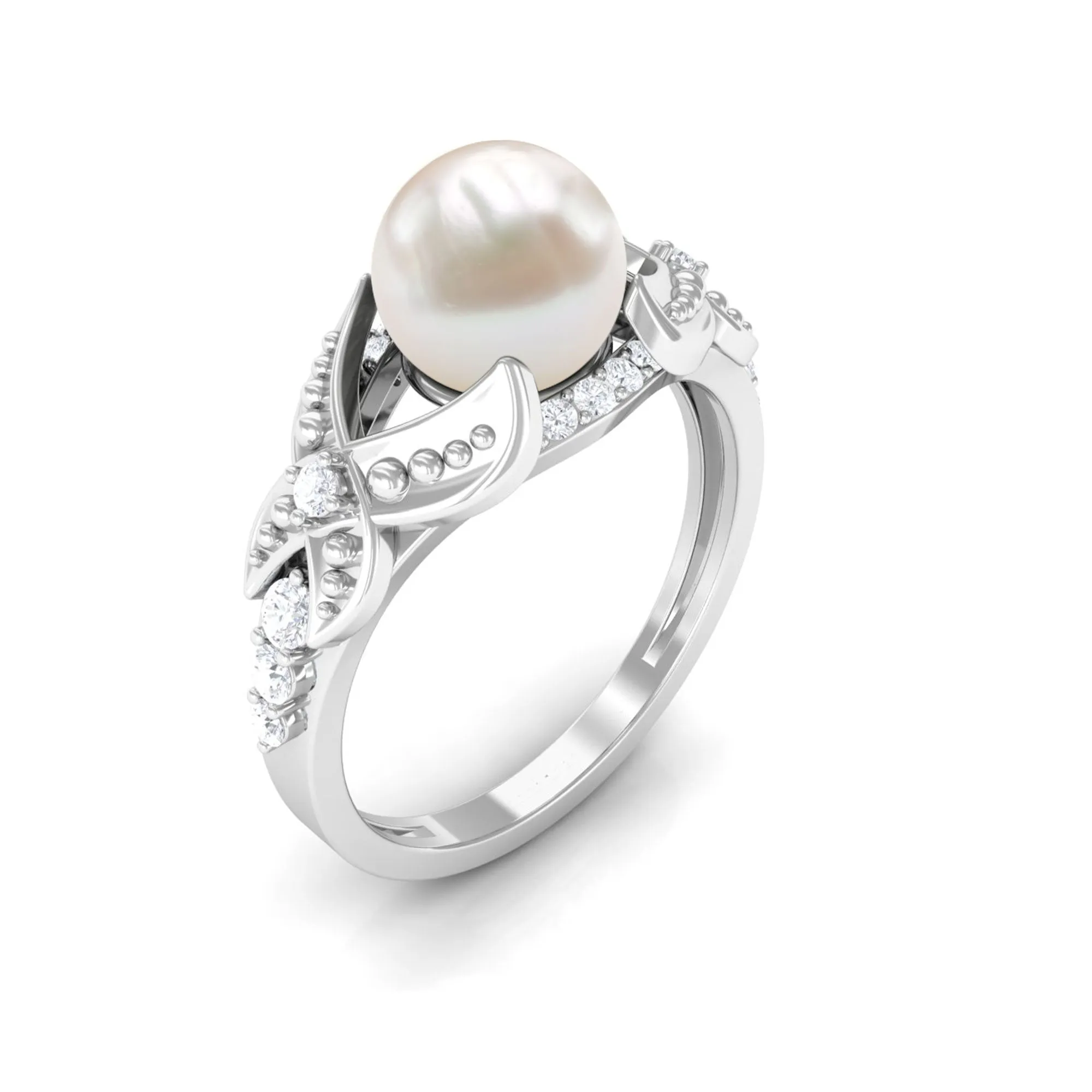 Split Shank Freshwater Pearl Solitaire Engagement Ring with Diamond