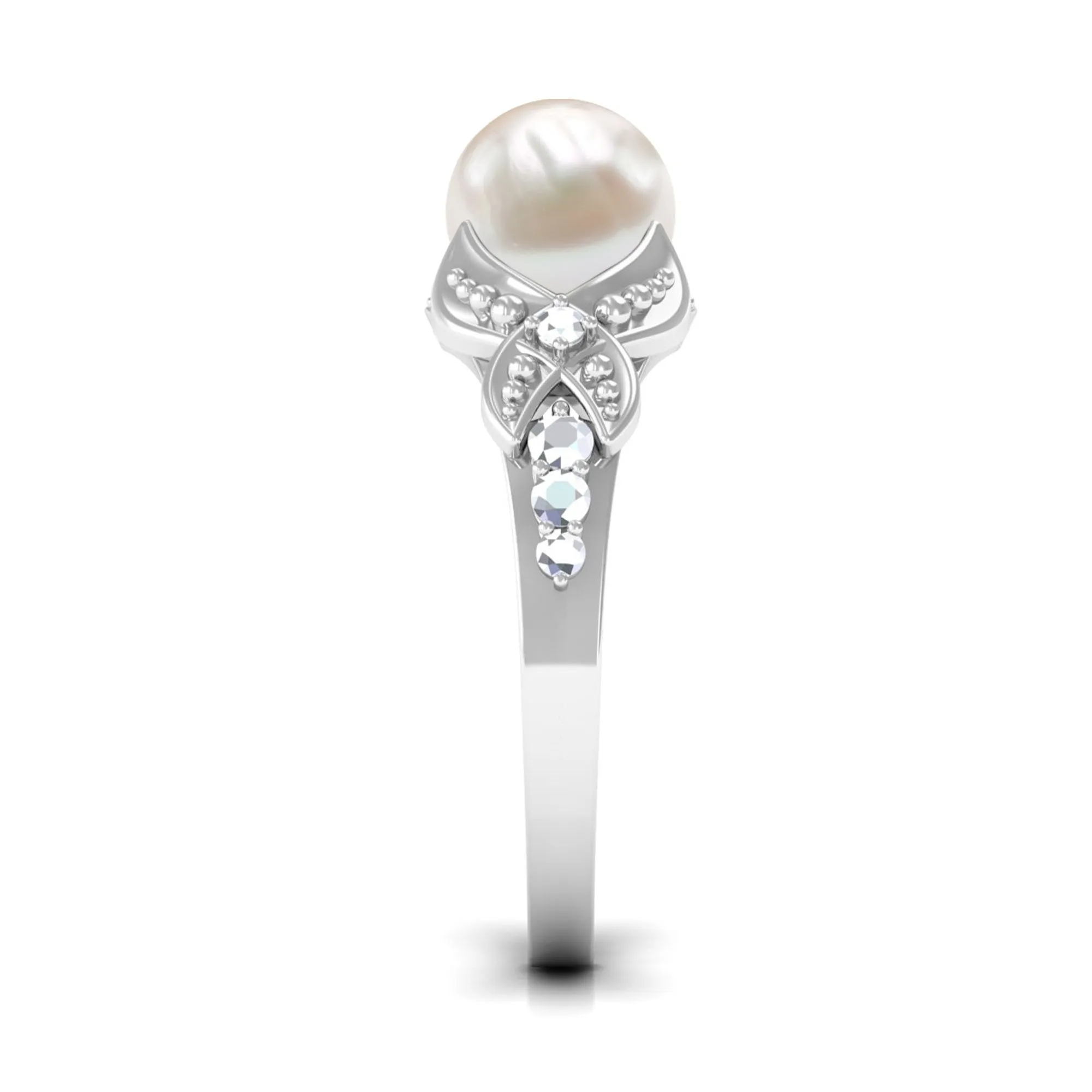 Split Shank Freshwater Pearl Solitaire Engagement Ring with Diamond