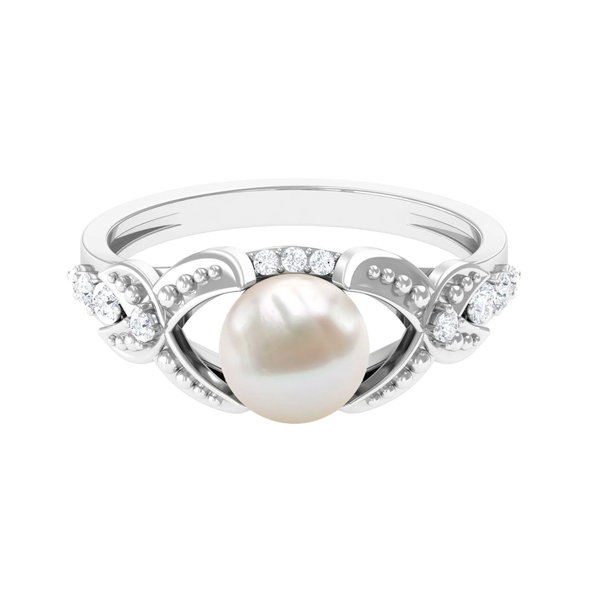 Split Shank Freshwater Pearl Solitaire Engagement Ring with Diamond