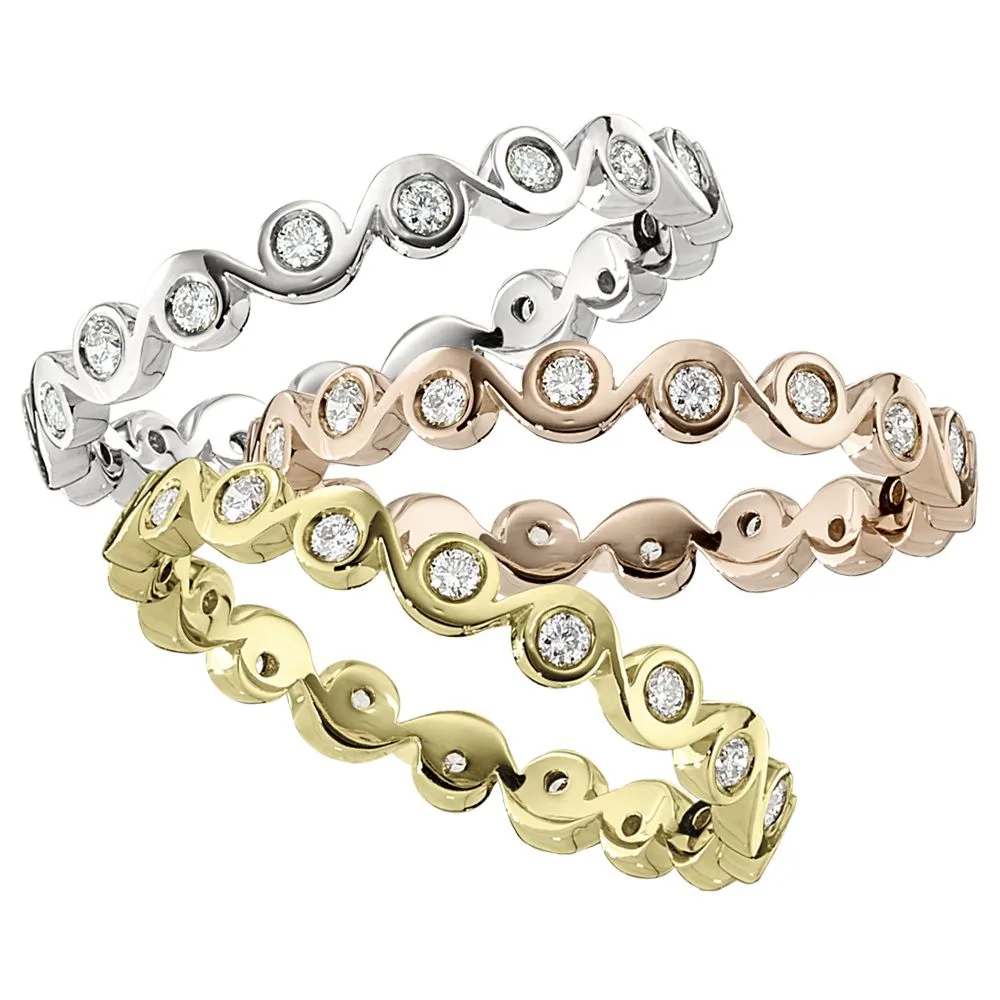 Stackable Modern Bezel Set Zigzag Diamond Yellow Gold Band